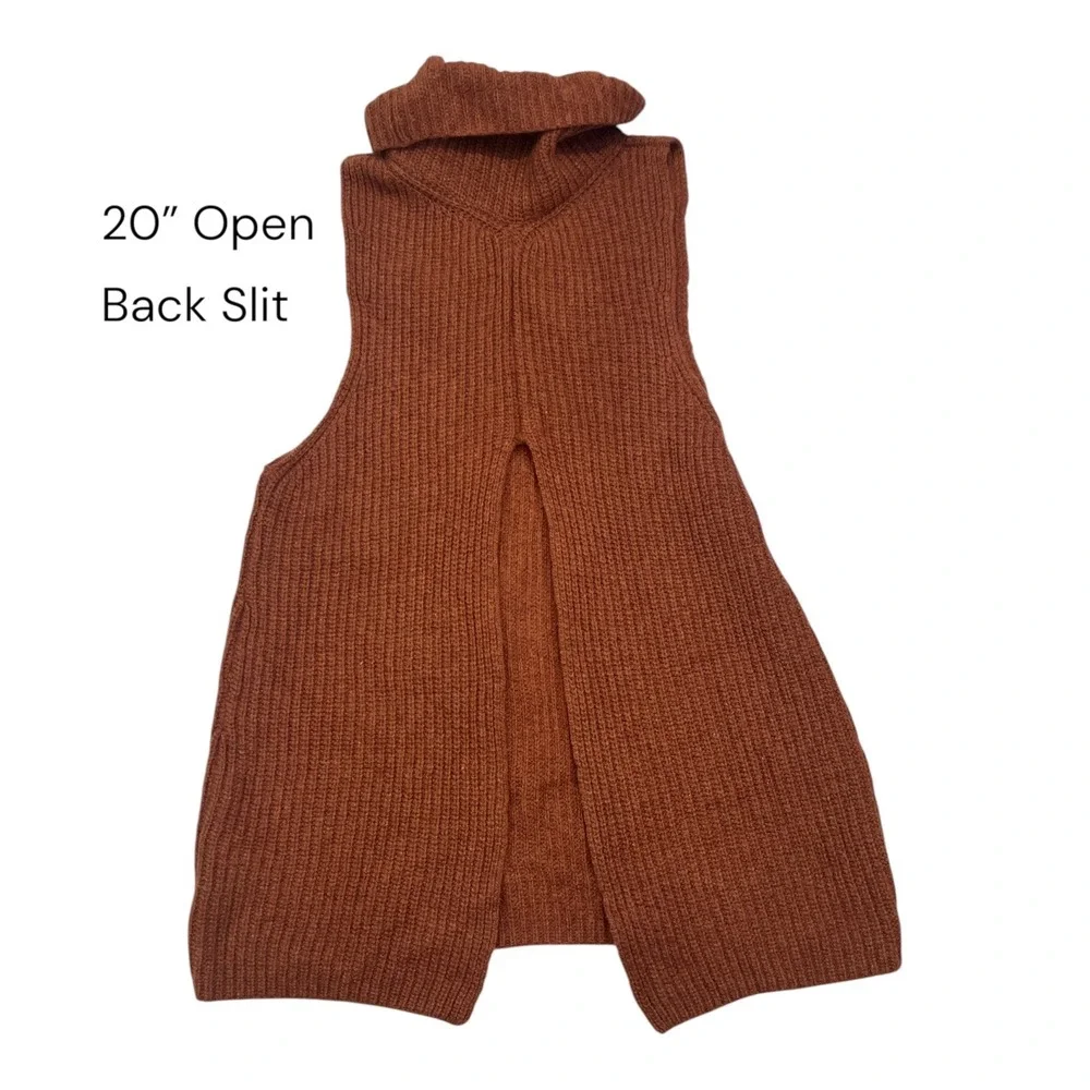 Free People Earthy Lambswool Sweater Vest L Rust Turtleneck Split Back Autumn